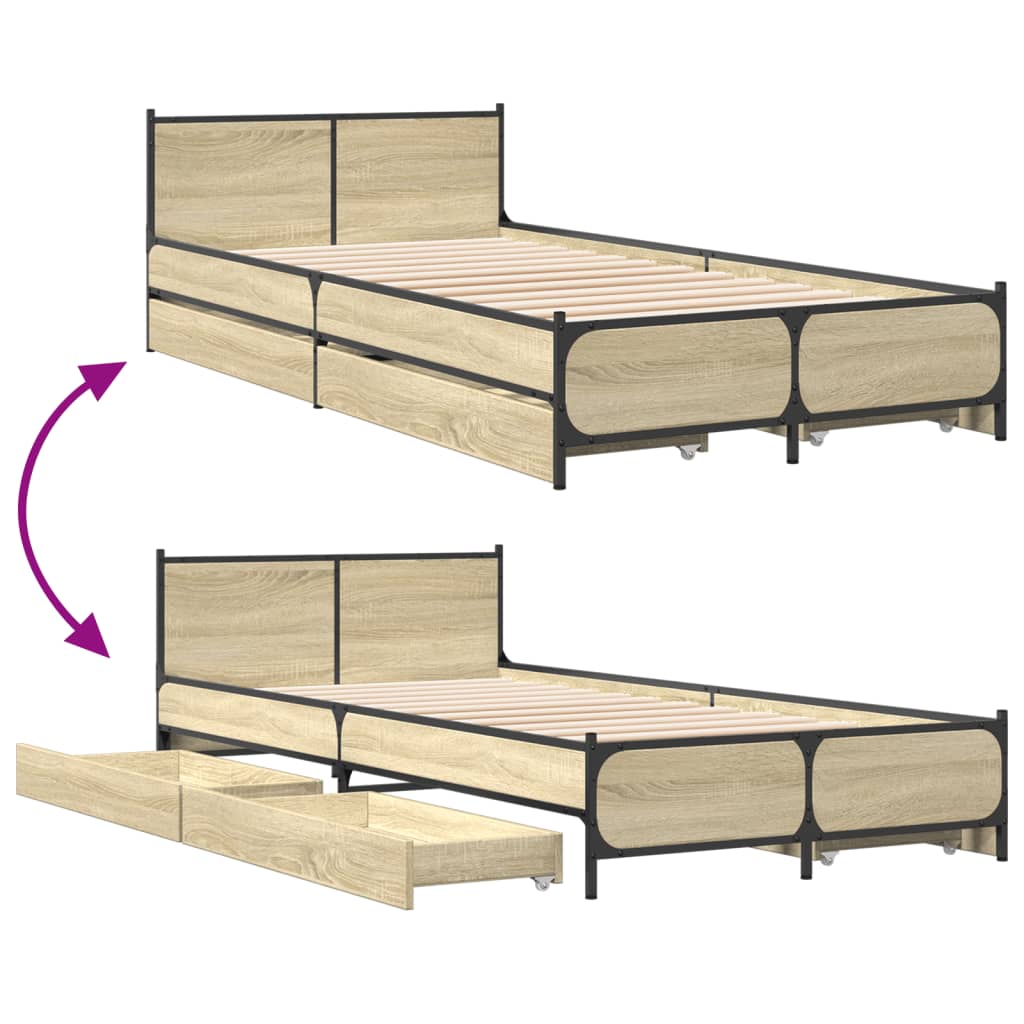 Bedframe met lades bewerkt hout sonoma eikenkleurig 75x190 cm is nu te koop bij PeponiXL, paradijselijk wonen!