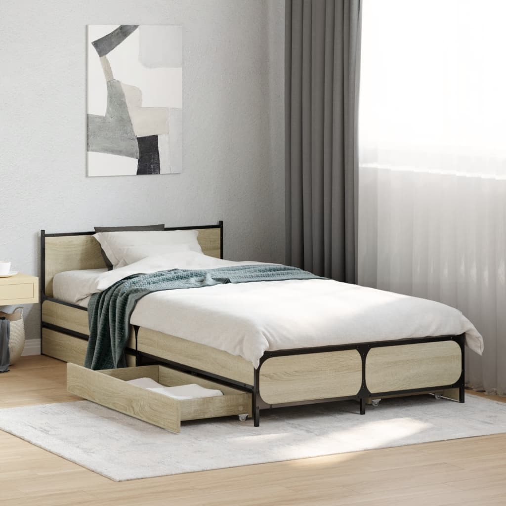 Bedframe met lades bewerkt hout sonoma eikenkleurig 75x190 cm is nu te koop bij PeponiXL, paradijselijk wonen!