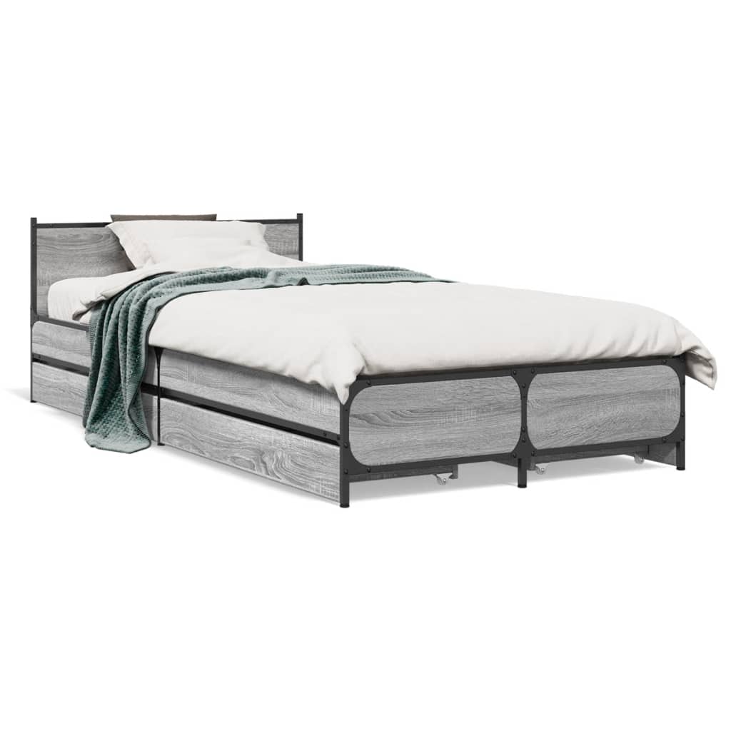 Bedframe met lades bewerkt hout grijs sonoma eiken 75x190 cm is nu te koop bij PeponiXL, paradijselijk wonen!
