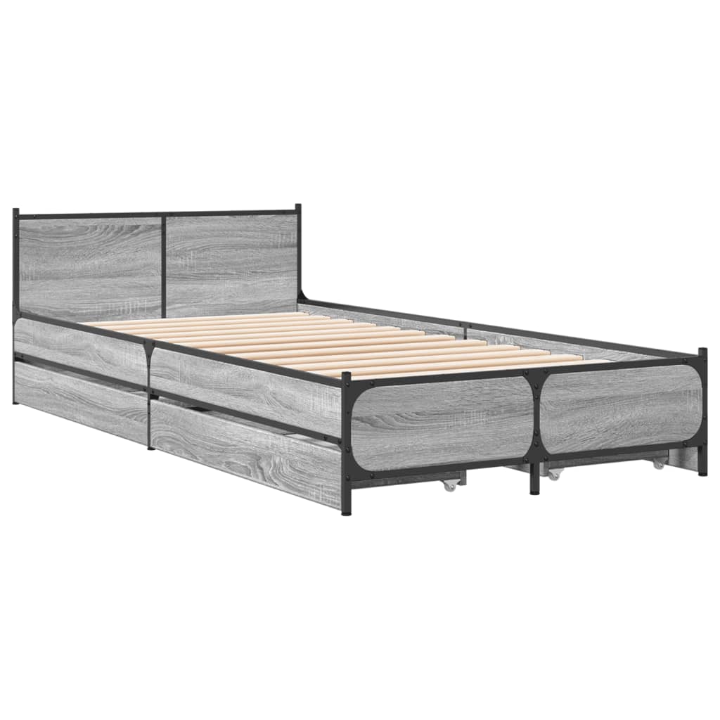 Bedframe met lades bewerkt hout grijs sonoma eiken 75x190 cm is nu te koop bij PeponiXL, paradijselijk wonen!