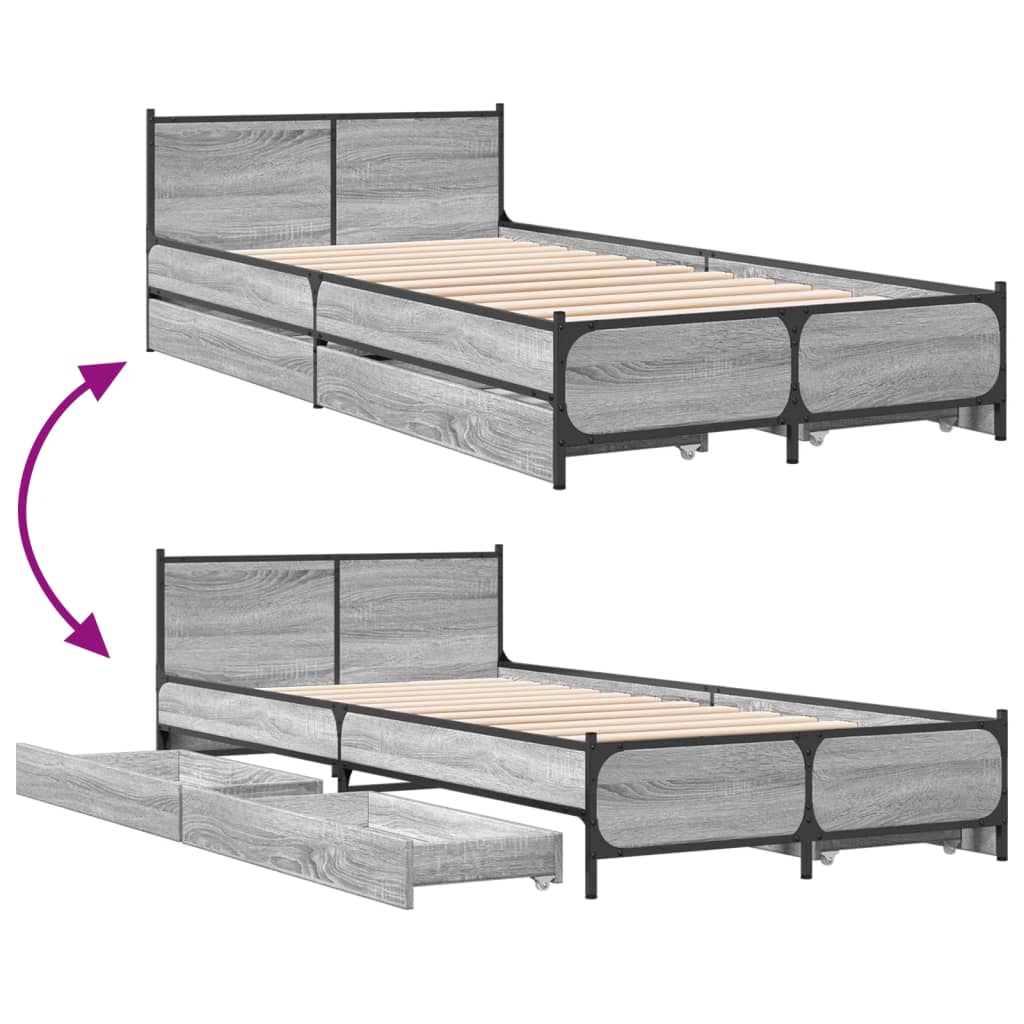 Bedframe met lades bewerkt hout grijs sonoma eiken 75x190 cm is nu te koop bij PeponiXL, paradijselijk wonen!