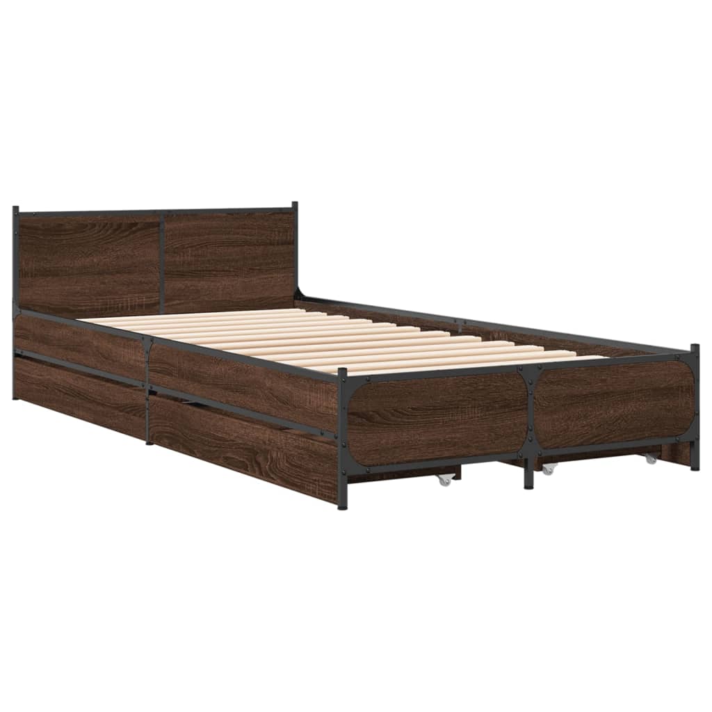 Bedframe met lades bewerkt hout bruin eikenkleur 75x190 cm is nu te koop bij PeponiXL, paradijselijk wonen!
