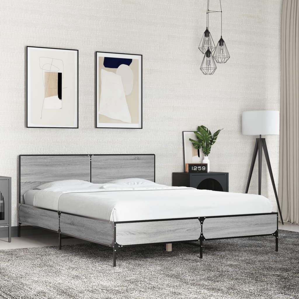 Bedframe bewerkt hout metaal grijs sonoma eiken 120x200 cm is nu te koop bij PeponiXL, paradijselijk wonen!