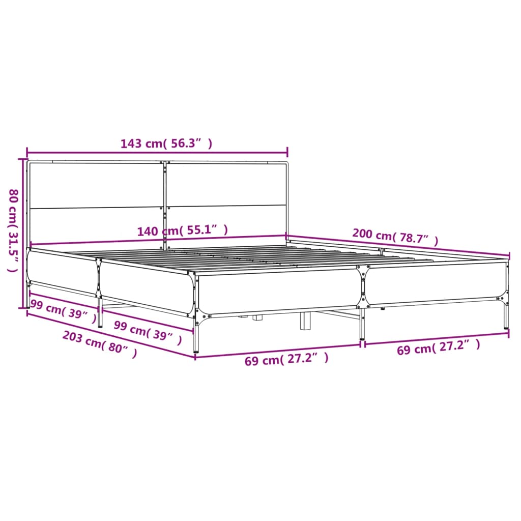 Bedframe bewerkt hout metaal gerookt eikenkleurig 140x200 cm is nu te koop bij PeponiXL, paradijselijk wonen!