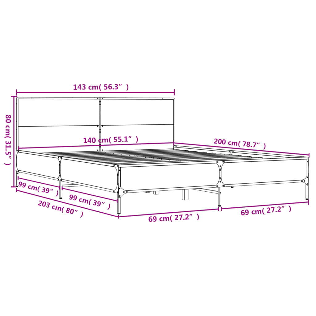 Bedframe bewerkt hout metaal grijs sonoma eiken 140x200 cm is nu te koop bij PeponiXL, paradijselijk wonen!