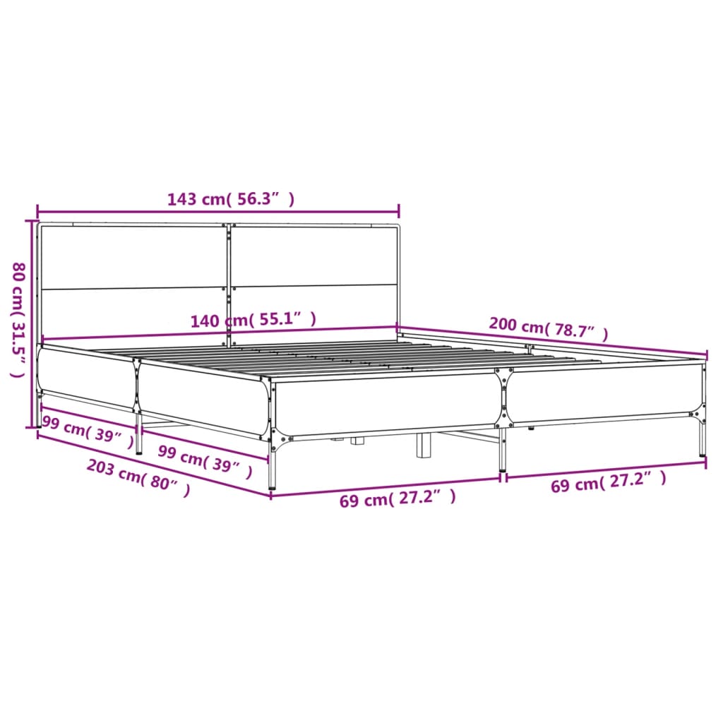 Bedframe bewerkt hout metaal bruin eikenkleur 140x200 cm is nu te koop bij PeponiXL, paradijselijk wonen!