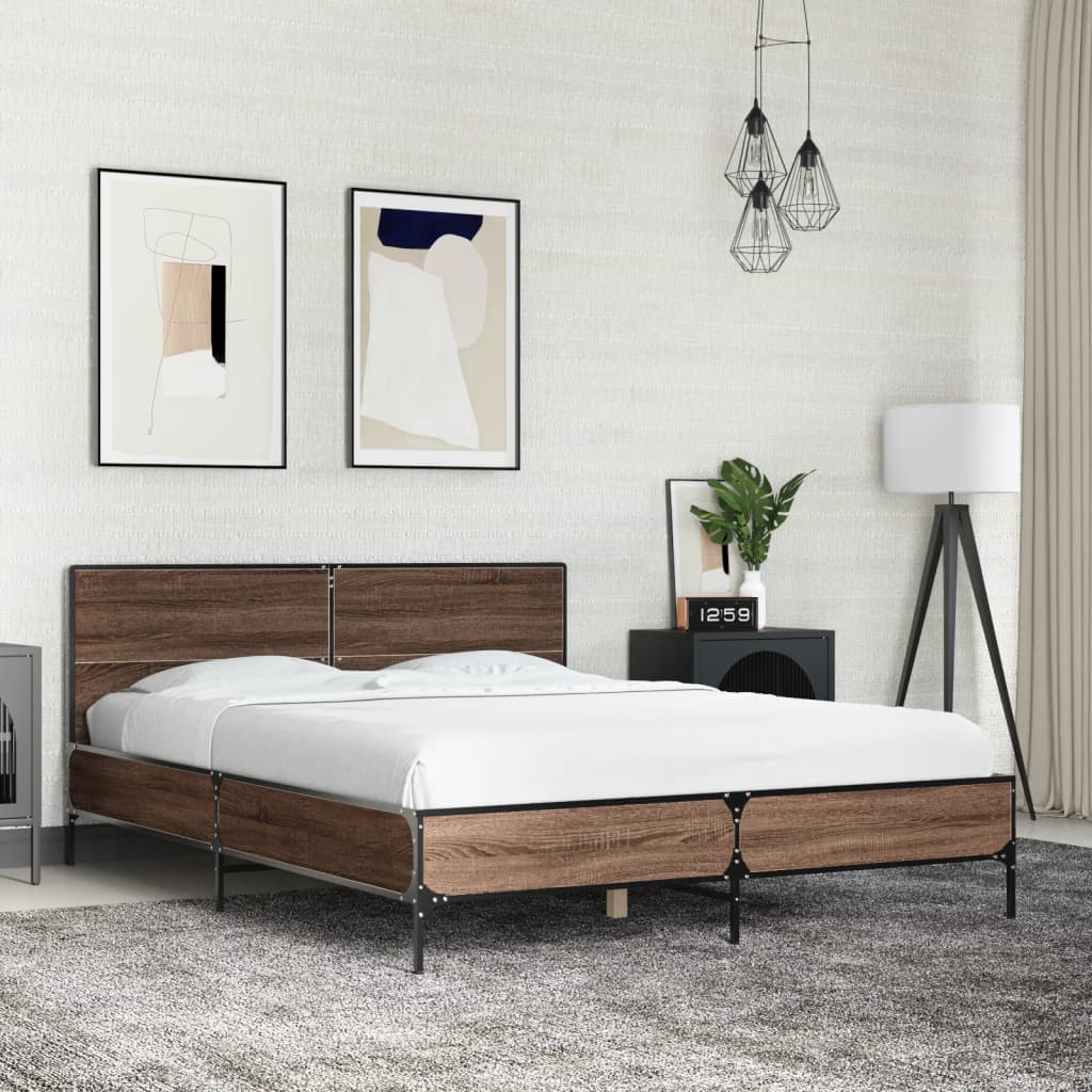 Bedframe bewerkt hout metaal bruin eikenkleur 140x200 cm is nu te koop bij PeponiXL, paradijselijk wonen!