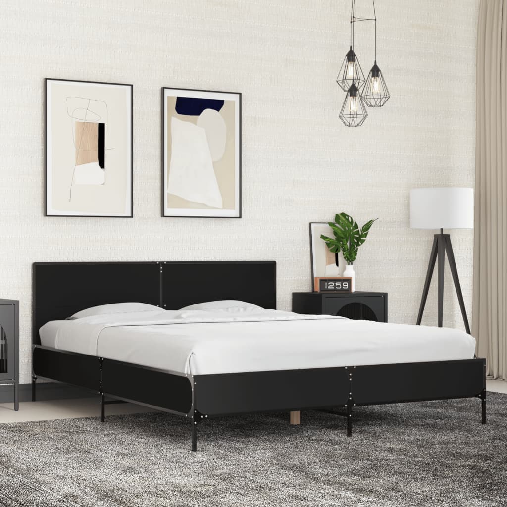 Bedframe bewerkt hout metaal zwart 150x200 cm is nu te koop bij PeponiXL, paradijselijk wonen!