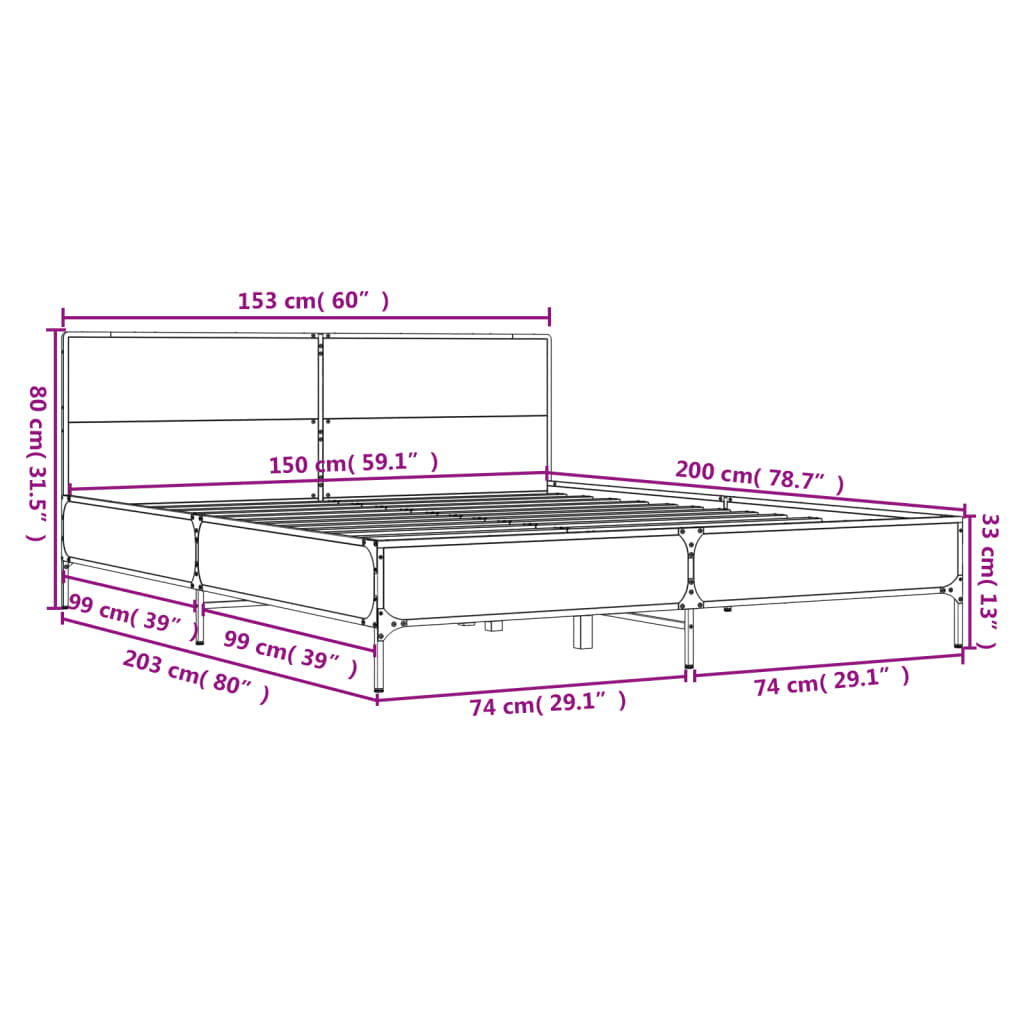 Bedframe bewerkt hout metaal gerookt eikenkleurig 150x200 cm is nu te koop bij PeponiXL, paradijselijk wonen!