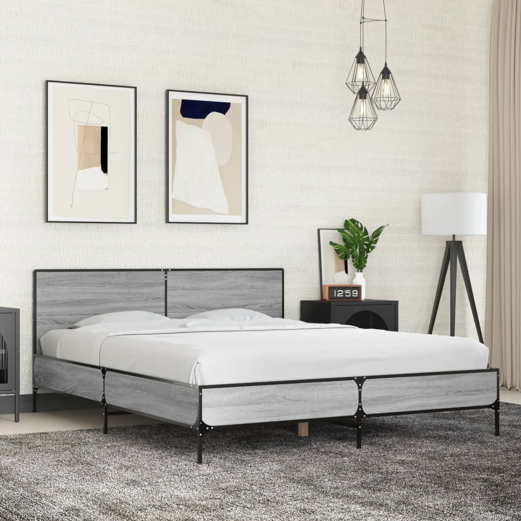 Bedframe bewerkt hout metaal grijs sonoma eiken 160x200 cm is nu te koop bij PeponiXL, paradijselijk wonen!