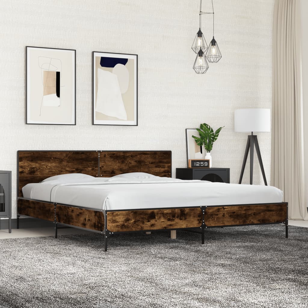 Bedframe bewerkt hout metaal gerookt eikenkleurig 200x200 cm is nu te koop bij PeponiXL, paradijselijk wonen!