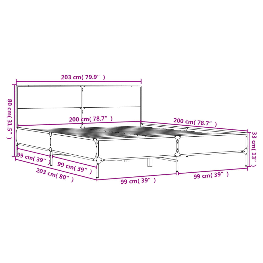 Bedframe bewerkt hout metaal grijs sonoma eiken 200x200 cm is nu te koop bij PeponiXL, paradijselijk wonen!