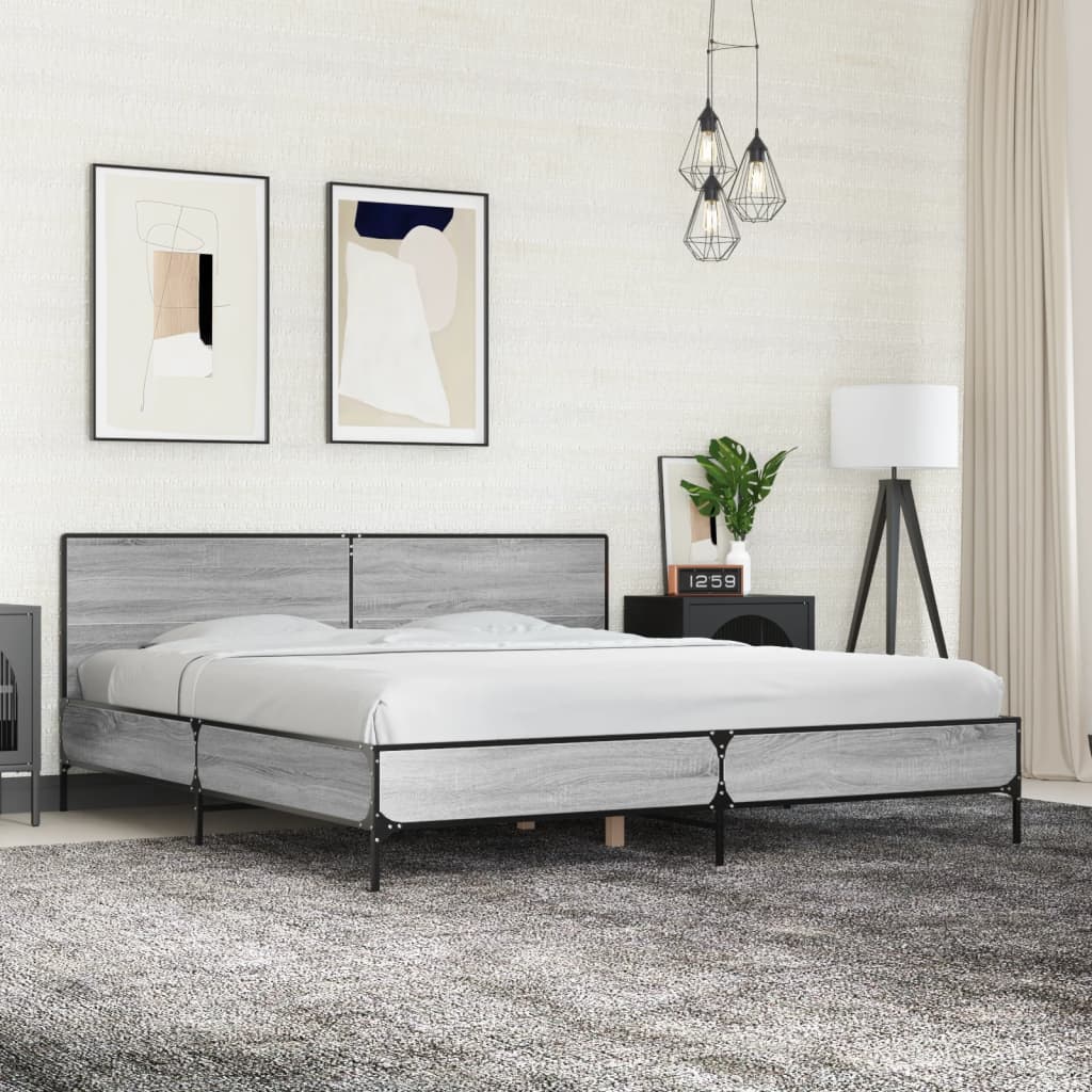 Bedframe bewerkt hout metaal grijs sonoma eiken 200x200 cm is nu te koop bij PeponiXL, paradijselijk wonen!