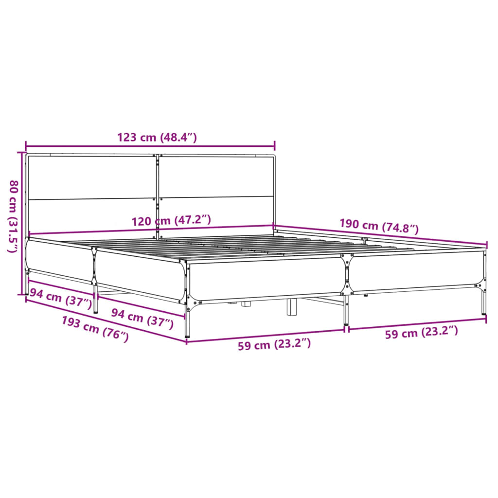 Bedframe bewerkt hout metaal bruin eikenkleur 120x190 cm is nu te koop bij PeponiXL, paradijselijk wonen!
