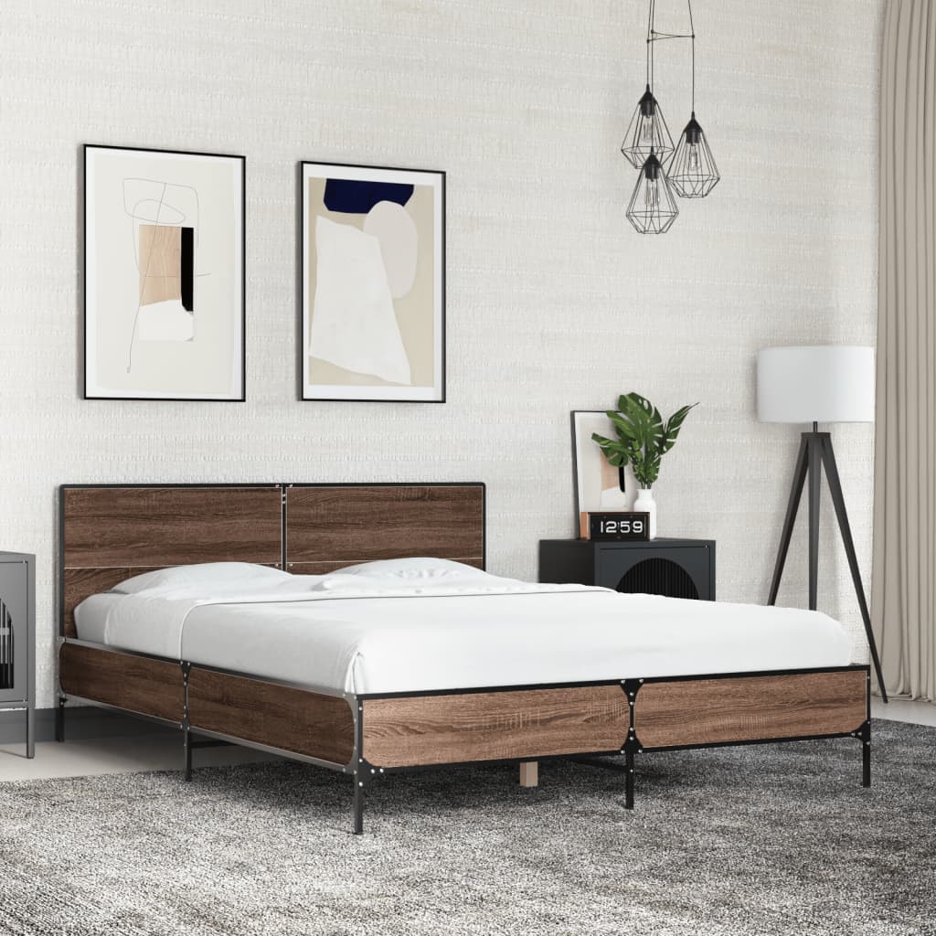 Bedframe bewerkt hout metaal bruin eikenkleur 120x190 cm is nu te koop bij PeponiXL, paradijselijk wonen!