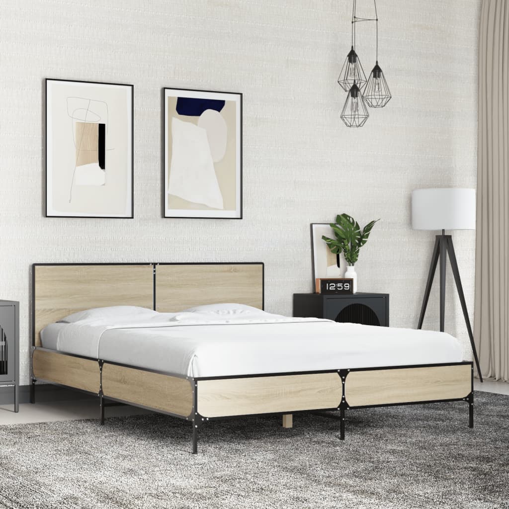 Bedframe bewerkt hout metaal sonoma eikenkleurig 135x190 cm is nu te koop bij PeponiXL, paradijselijk wonen!
