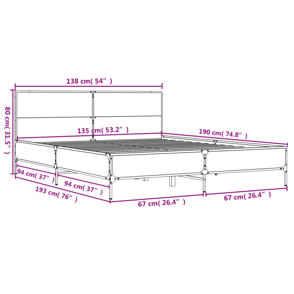 Bedframe bewerkt hout metaal sonoma eikenkleurig 135x190 cm is nu te koop bij PeponiXL, paradijselijk wonen!