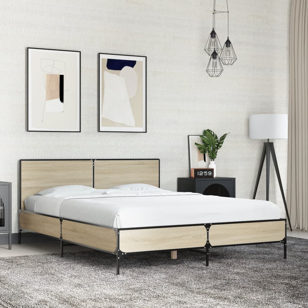 Bedframe bewerkt hout metaal sonoma eikenkleurig 135x190 cm is nu te koop bij PeponiXL, paradijselijk wonen!