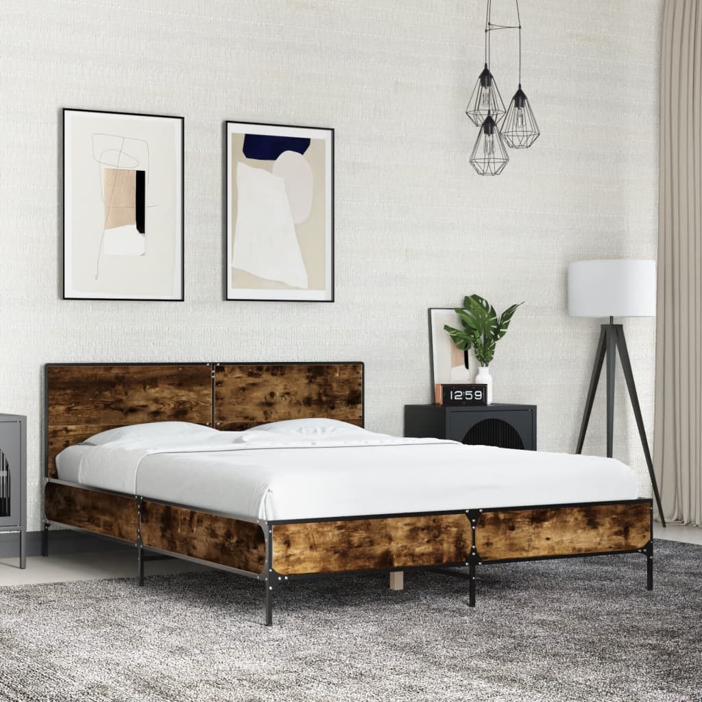 Bedframe bewerkt hout metaal gerookt eikenkleurig 135x190 cm is nu te koop bij PeponiXL, paradijselijk wonen!