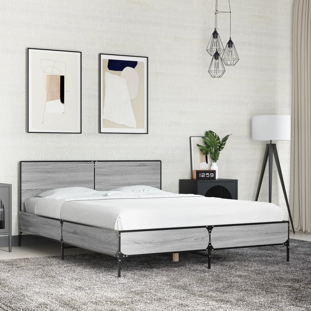 Bedframe bewerkt hout metaal grijs sonoma eiken 135x190 cm is nu te koop bij PeponiXL, paradijselijk wonen!