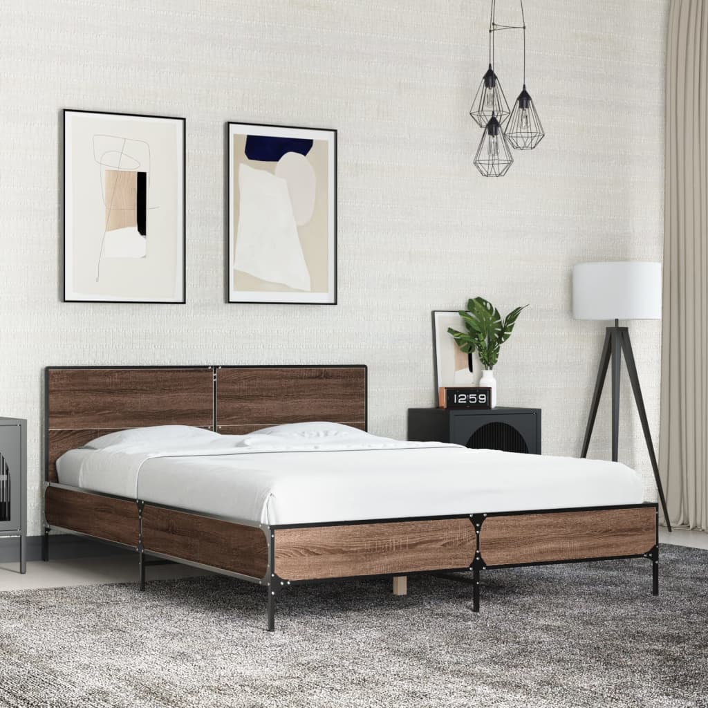 Bedframe bewerkt hout metaal bruin eikenkleur 135x190 cm is nu te koop bij PeponiXL, paradijselijk wonen!