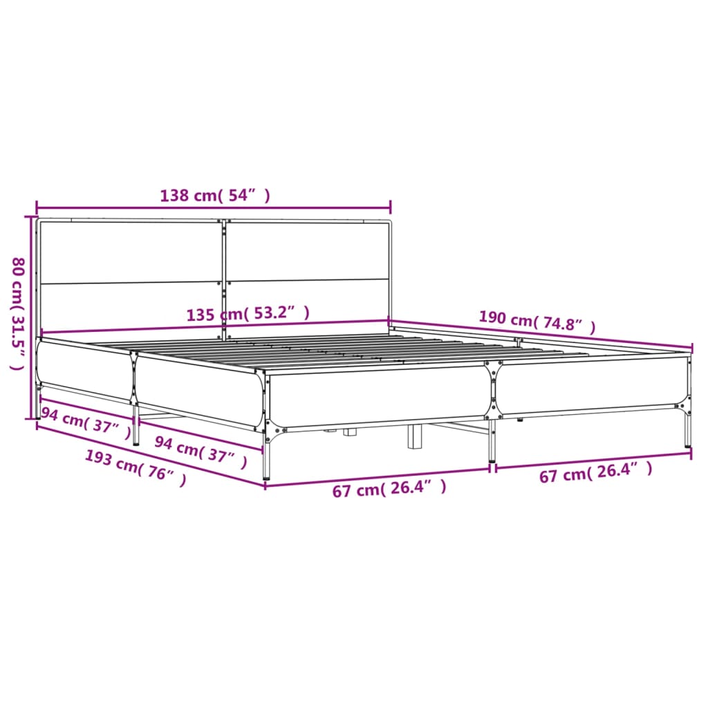 Bedframe bewerkt hout metaal bruin eikenkleur 135x190 cm is nu te koop bij PeponiXL, paradijselijk wonen!
