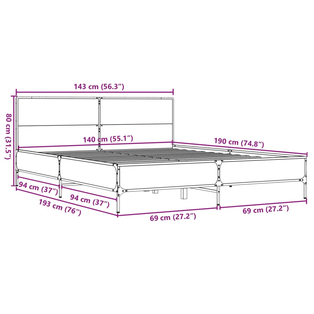 Bedframe bewerkt hout metaal sonoma eikenkleurig 90x190 cm is nu te koop bij PeponiXL, paradijselijk wonen!