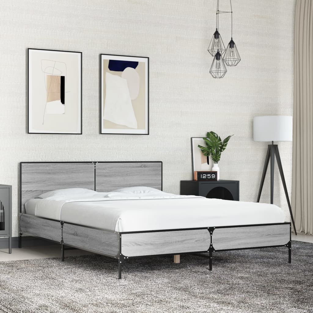 Bedframe bewerkt hout metaal grijs sonoma eiken 140x190 cm is nu te koop bij PeponiXL, paradijselijk wonen!