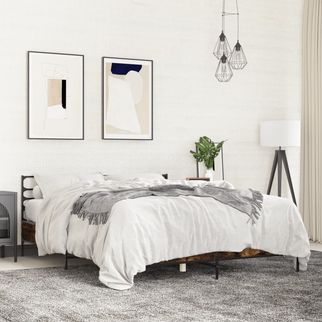 Bedframe bewerkt hout metaal gerookt eikenkleurig 150x200 cm is nu te koop bij PeponiXL, paradijselijk wonen!