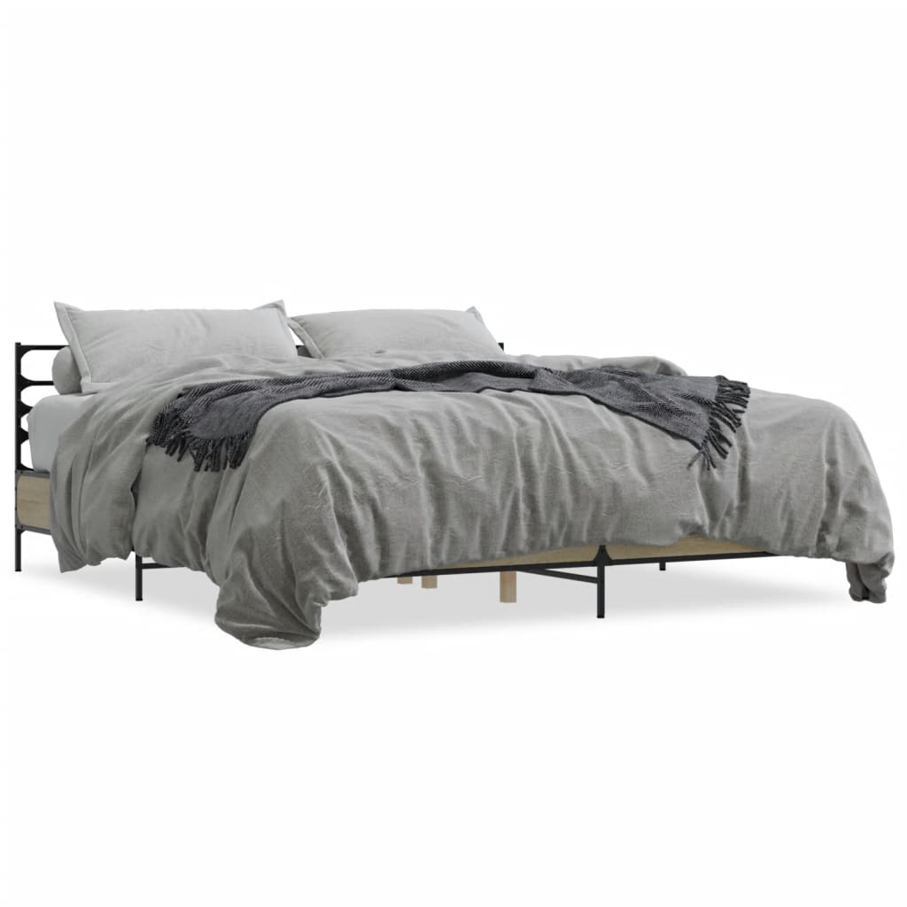 Bedframe bewerkt hout metaal sonoma eikenkleurig 200x200 cm is nu te koop bij PeponiXL, paradijselijk wonen!