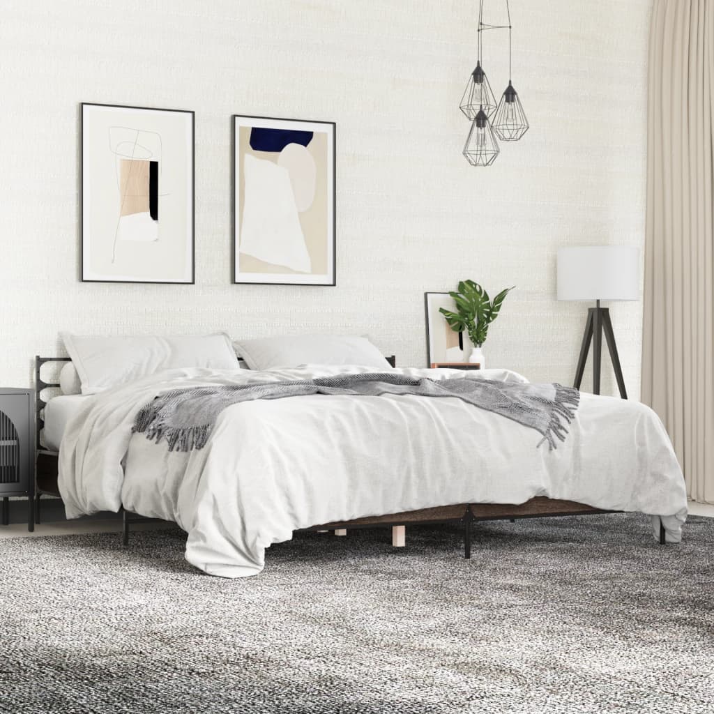 Bedframe bewerkt hout metaal bruin eikenkleur 200x200 cm is nu te koop bij PeponiXL, paradijselijk wonen!