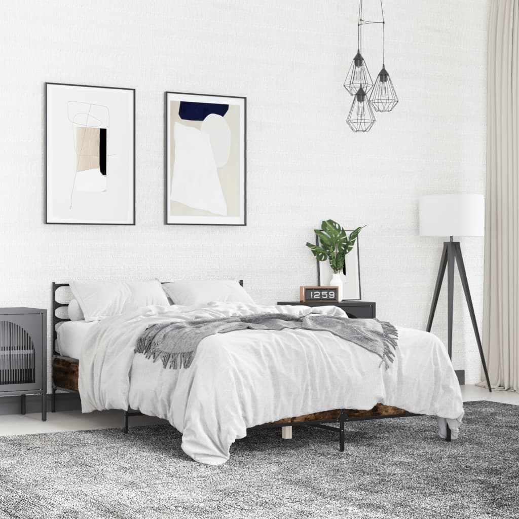 Bedframe bewerkt hout metaal gerookt eikenkleurig 135x190 cm is nu te koop bij PeponiXL, paradijselijk wonen!