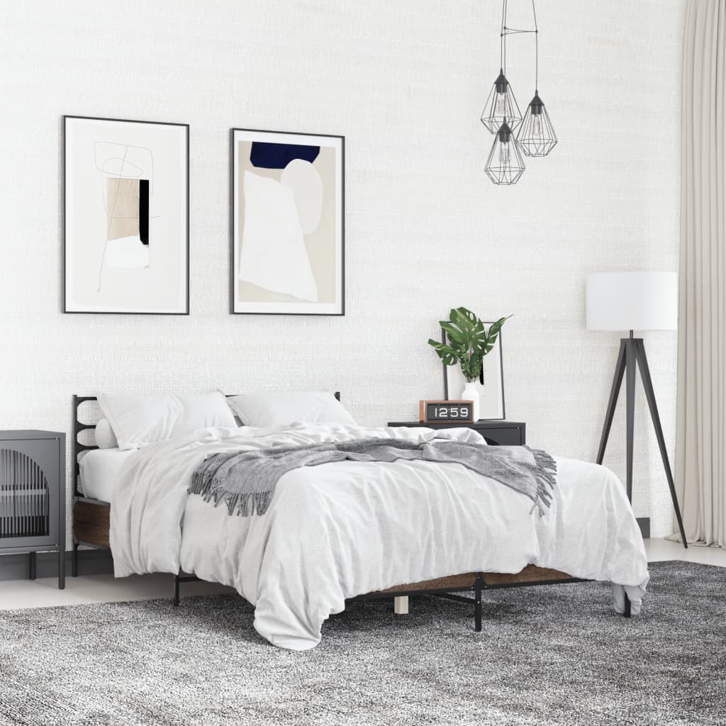 Bedframe bewerkt hout metaal bruin eikenkleur 135x190 cm is nu te koop bij PeponiXL, paradijselijk wonen!