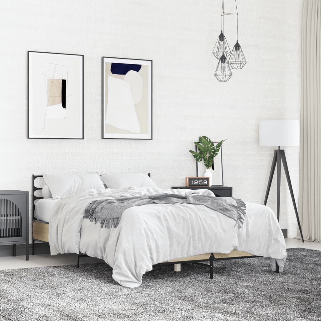 Bedframe bewerkt hout metaal sonoma eikenkleurig 90x190 cm is nu te koop bij PeponiXL, paradijselijk wonen!