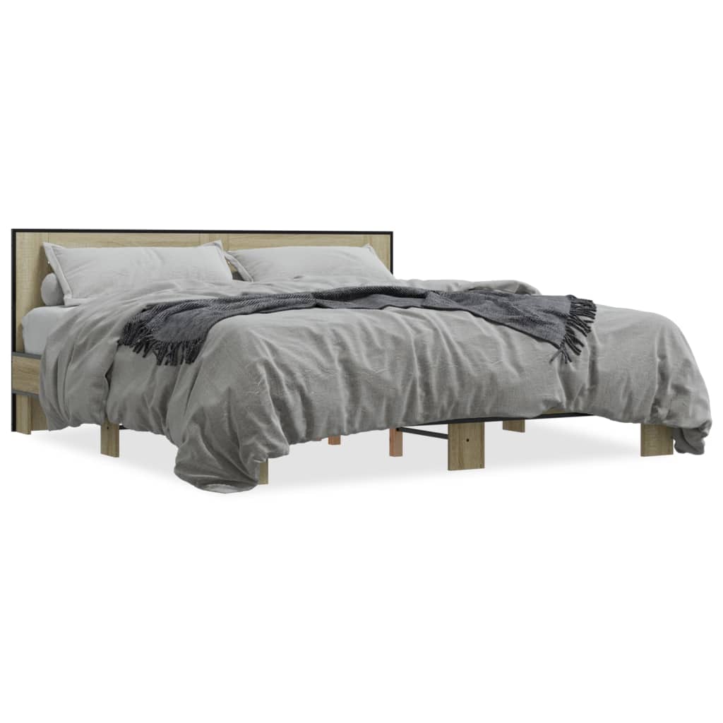 Bedframe bewerkt hout metaal sonoma eikenkleurig 200x200 cm is nu te koop bij PeponiXL, paradijselijk wonen!