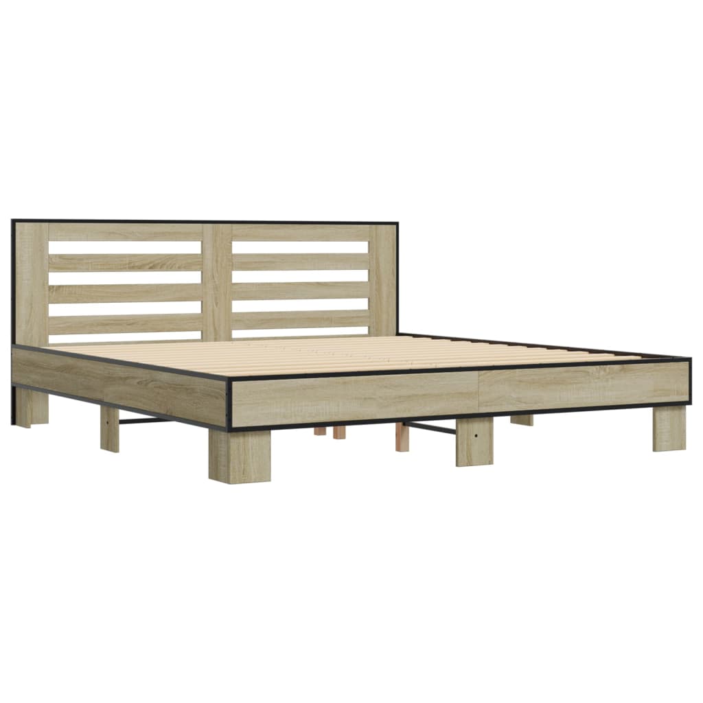 Bedframe bewerkt hout metaal sonoma eikenkleurig 200x200 cm is nu te koop bij PeponiXL, paradijselijk wonen!