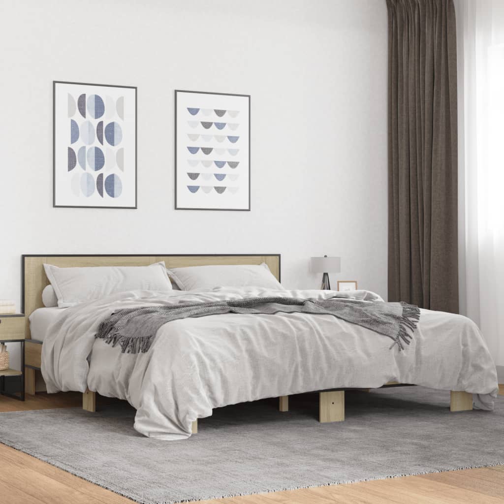Bedframe bewerkt hout metaal sonoma eikenkleurig 200x200 cm is nu te koop bij PeponiXL, paradijselijk wonen!