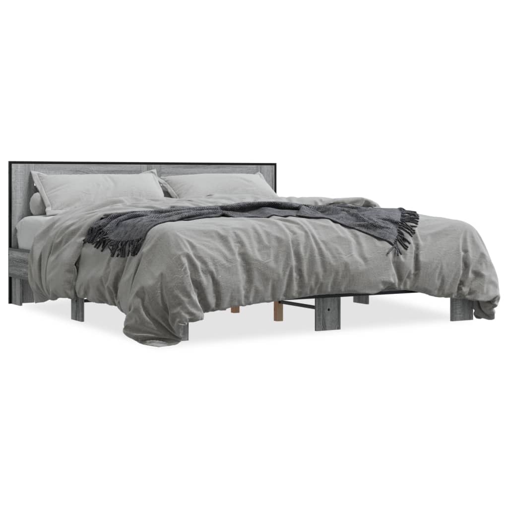 Bedframe bewerkt hout metaal grijs sonoma eiken 200x200 cm is nu te koop bij PeponiXL, paradijselijk wonen!