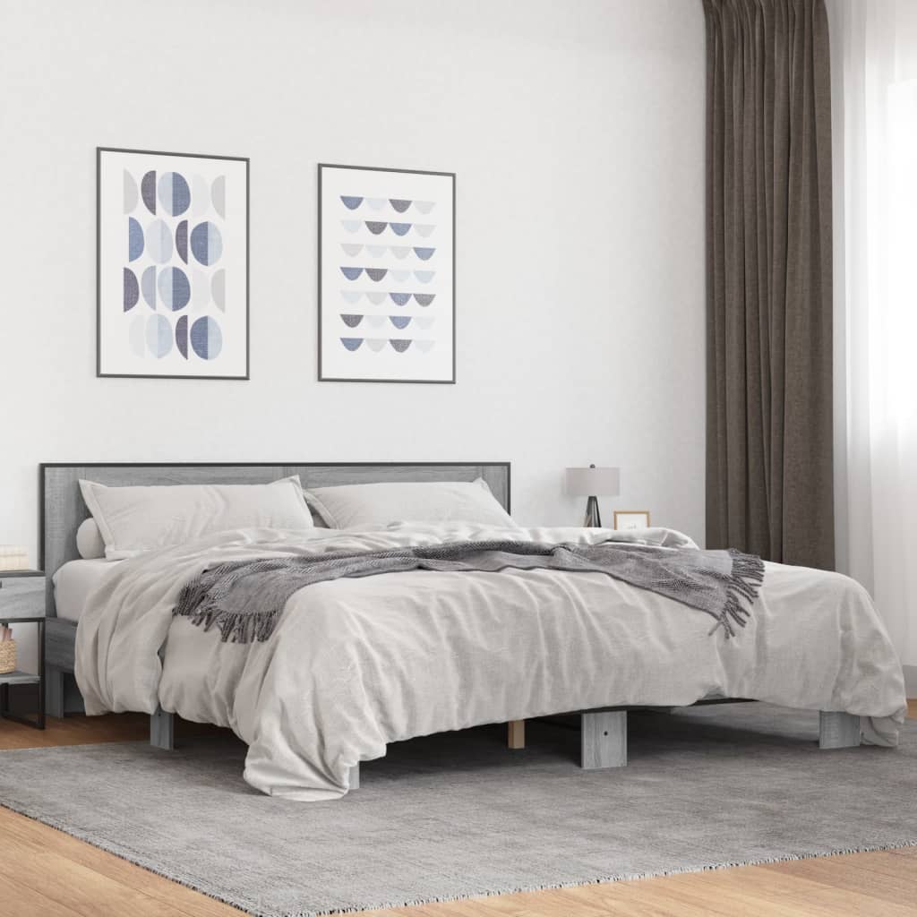 Bedframe bewerkt hout metaal grijs sonoma eiken 200x200 cm is nu te koop bij PeponiXL, paradijselijk wonen!