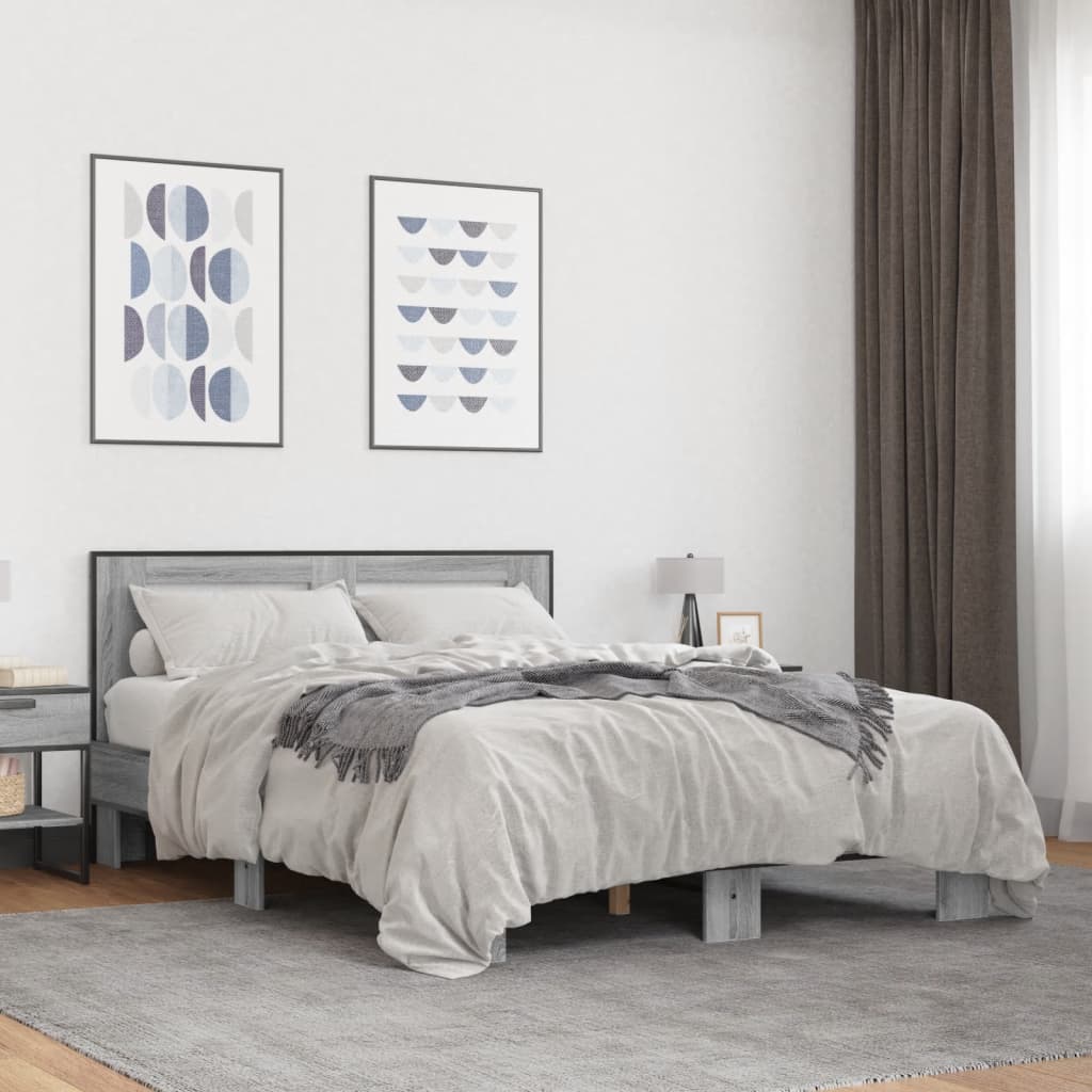 Bedframe bewerkt hout metaal grijs sonoma eiken 140x200 cm is nu te koop bij PeponiXL, paradijselijk wonen!