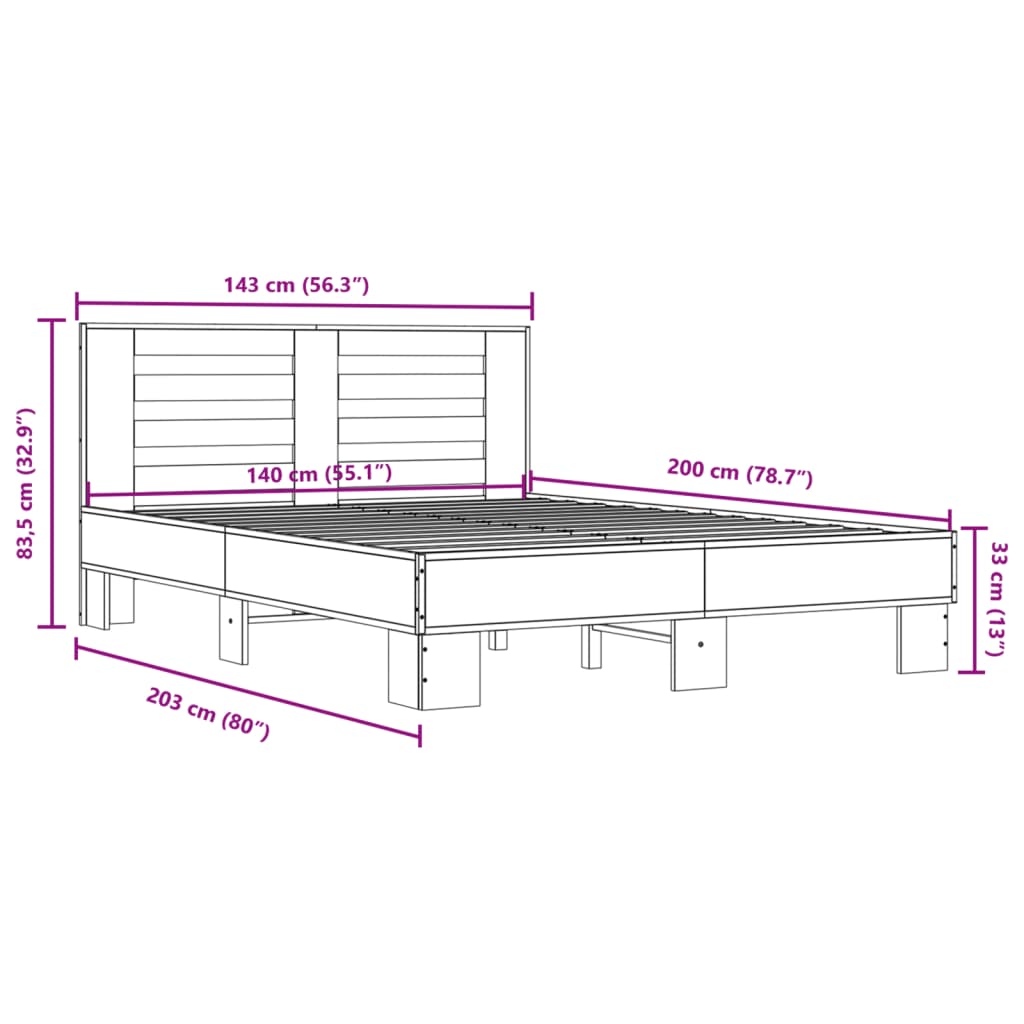 Bedframe bewerkt hout metaal grijs sonoma eiken 140x200 cm is nu te koop bij PeponiXL, paradijselijk wonen!