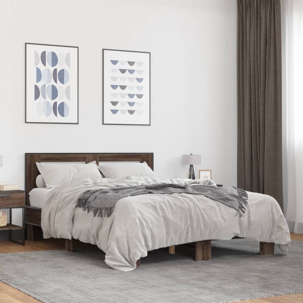 Bedframe bewerkt hout metaal bruin eikenkleur 120x200 cm is nu te koop bij PeponiXL, paradijselijk wonen!