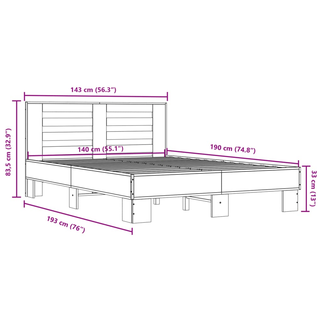 Bedframe bewerkt hout metaal sonoma eikenkleurig 90x190 cm is nu te koop bij PeponiXL, paradijselijk wonen!