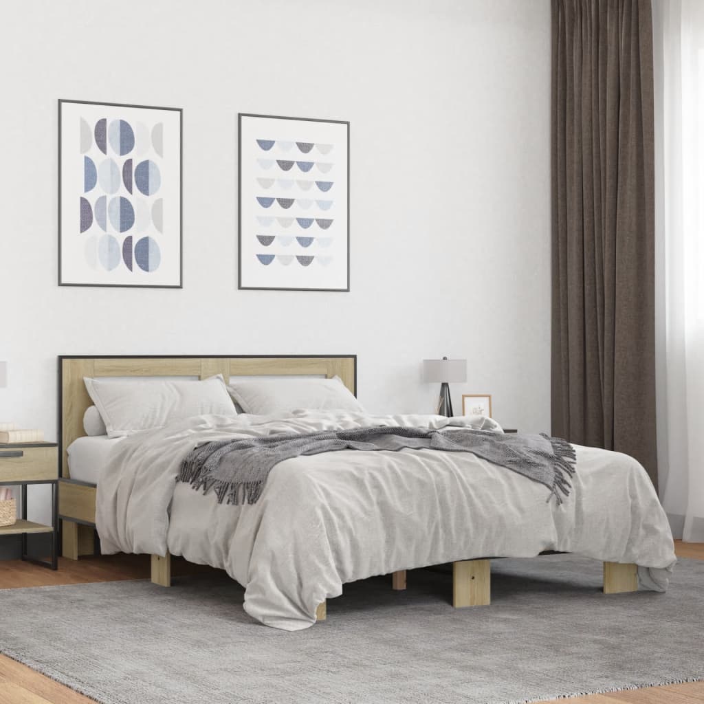 Bedframe bewerkt hout metaal sonoma eikenkleurig 90x190 cm is nu te koop bij PeponiXL, paradijselijk wonen!