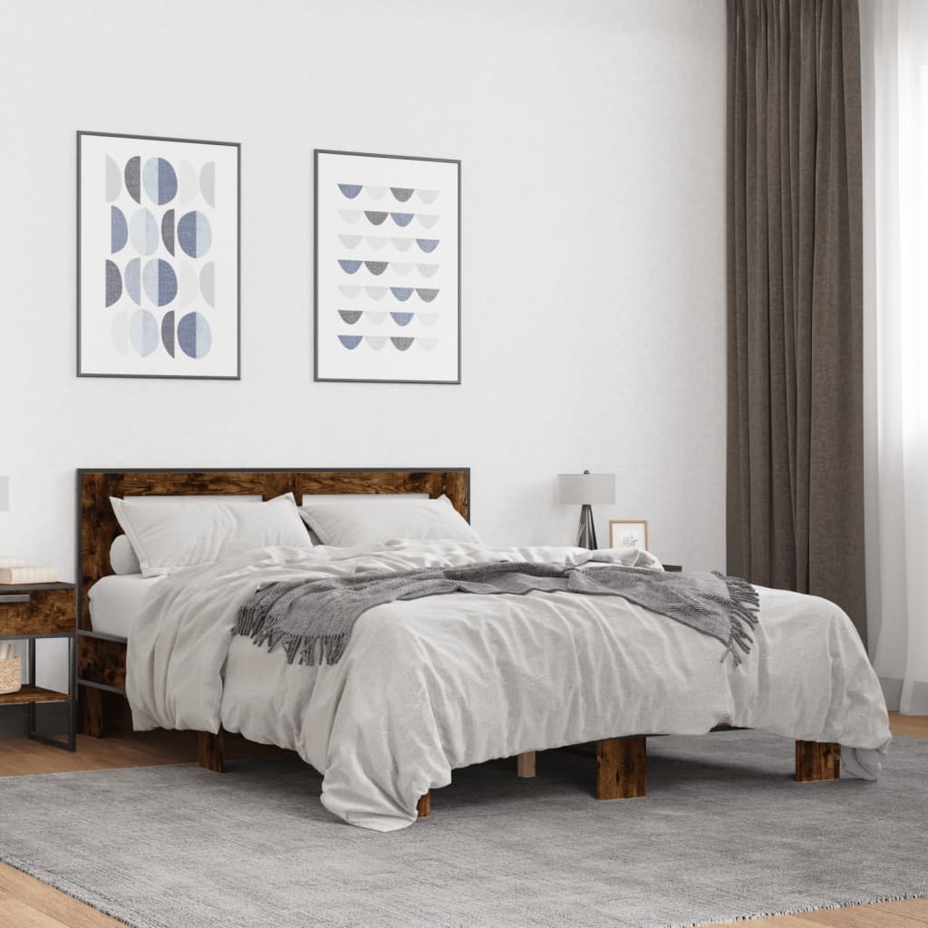 Bedframe bewerkt hout metaal gerookt eikenkleurig 135x190 cm is nu te koop bij PeponiXL, paradijselijk wonen!