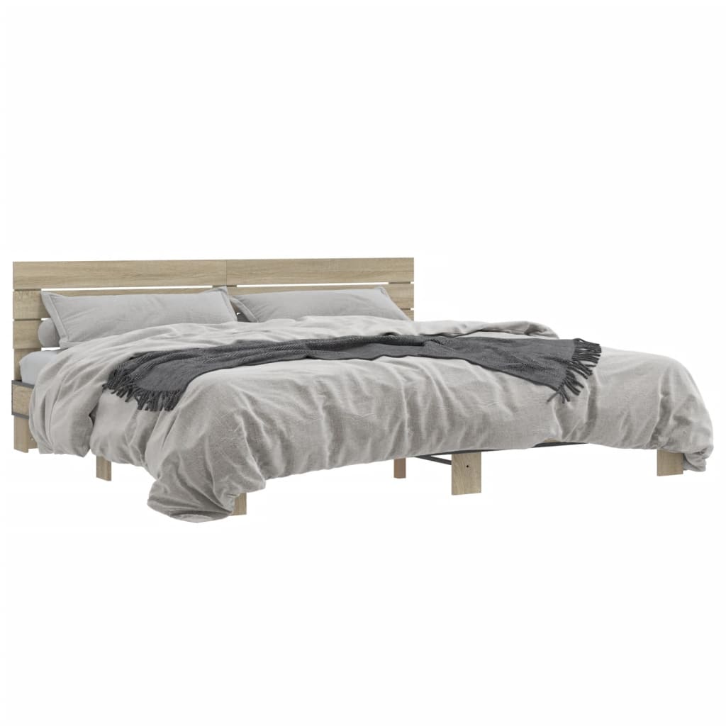 Bedframe bewerkt hout metaal sonoma eikenkleurig 200x200 cm is nu te koop bij PeponiXL, paradijselijk wonen!