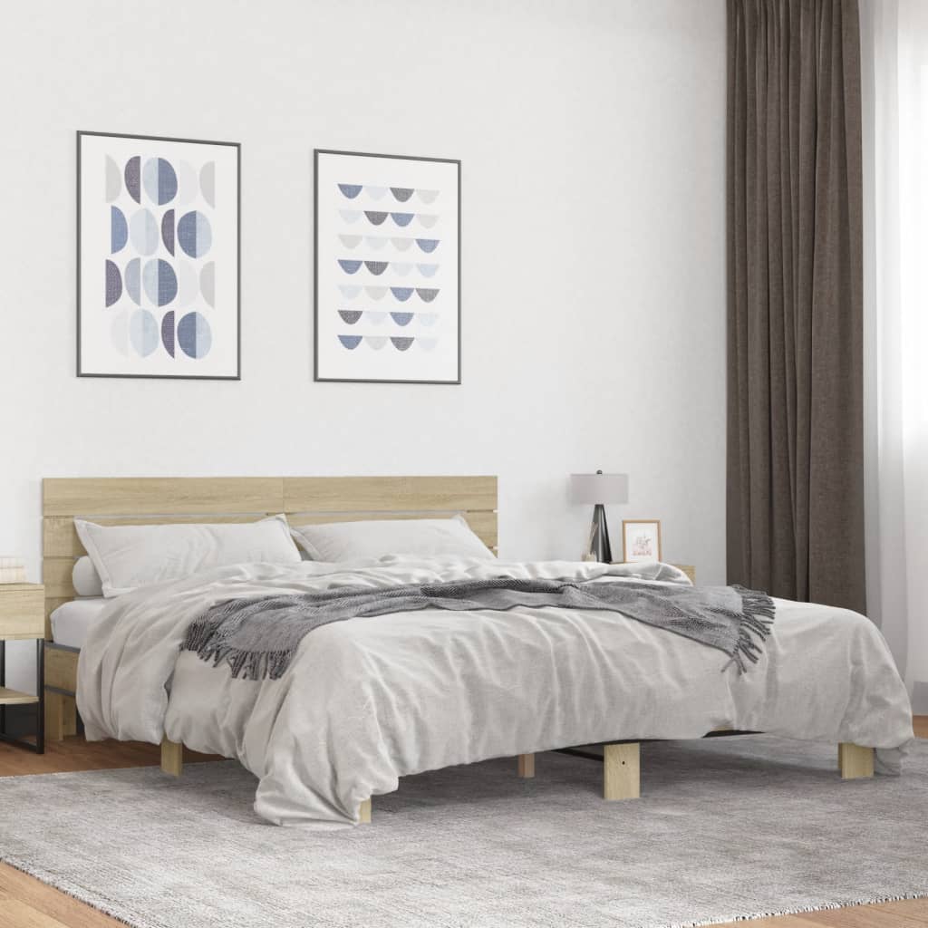 Bedframe bewerkt hout metaal sonoma eikenkleurig 200x200 cm is nu te koop bij PeponiXL, paradijselijk wonen!