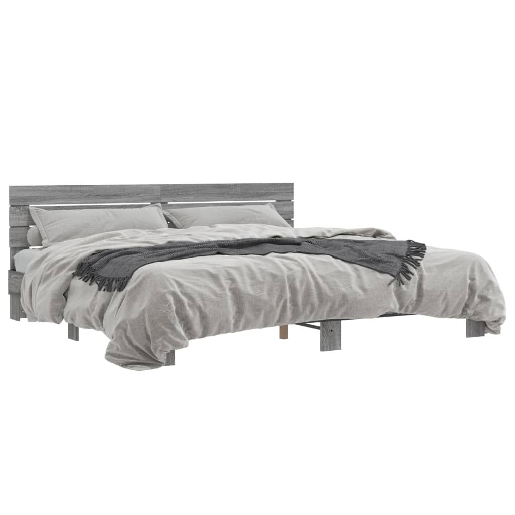 Bedframe bewerkt hout metaal grijs sonoma eiken 200x200 cm is nu te koop bij PeponiXL, paradijselijk wonen!