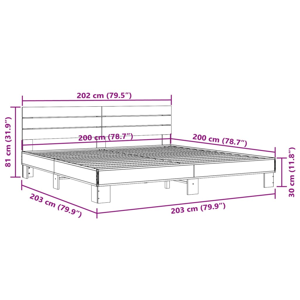 Bedframe bewerkt hout metaal grijs sonoma eiken 200x200 cm is nu te koop bij PeponiXL, paradijselijk wonen!