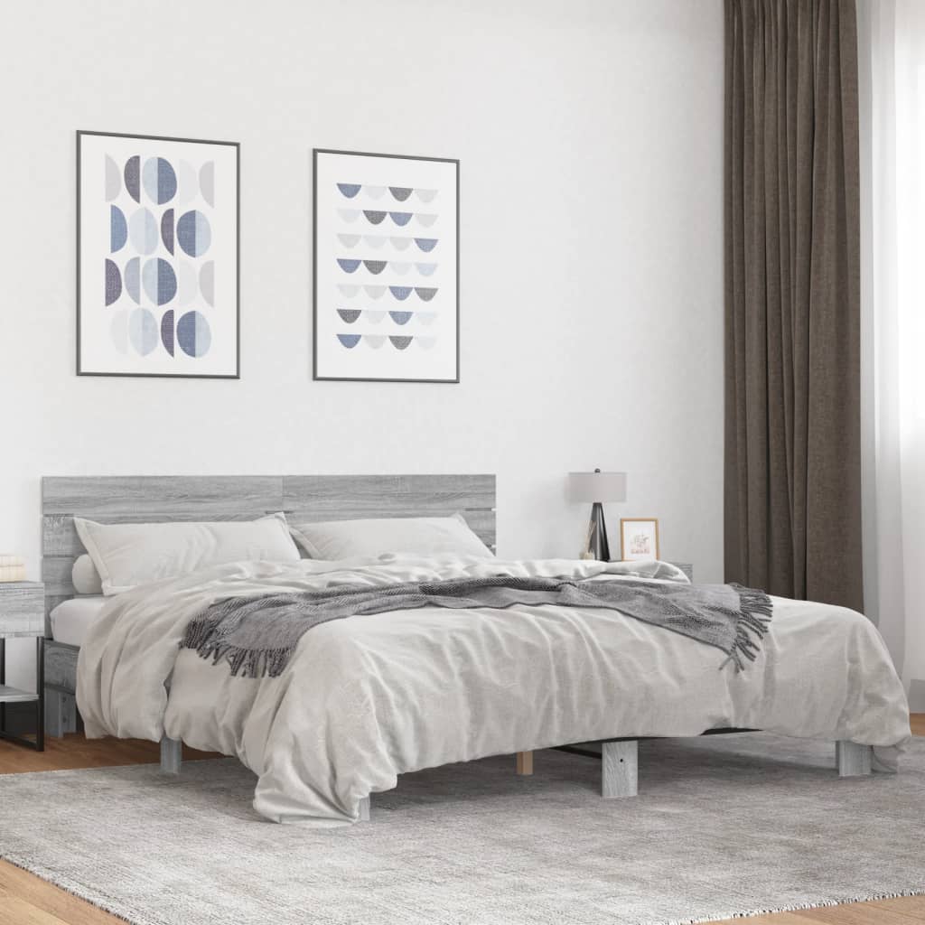 Bedframe bewerkt hout metaal grijs sonoma eiken 200x200 cm is nu te koop bij PeponiXL, paradijselijk wonen!